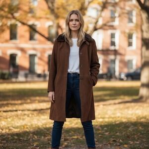 Real Leather Brown Suede  faux fur Collar long coat goth New Size Small